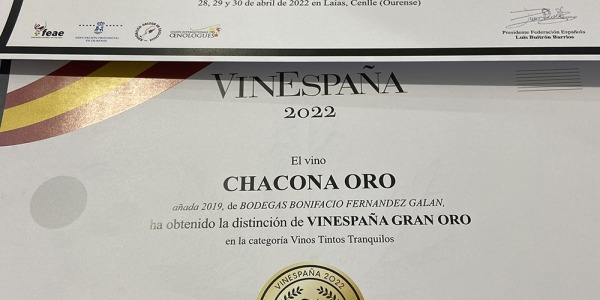 El Vino Chacona Oro de nuestras Bodegas Bonifacio Fernández Galán, Premio Gran Oro 